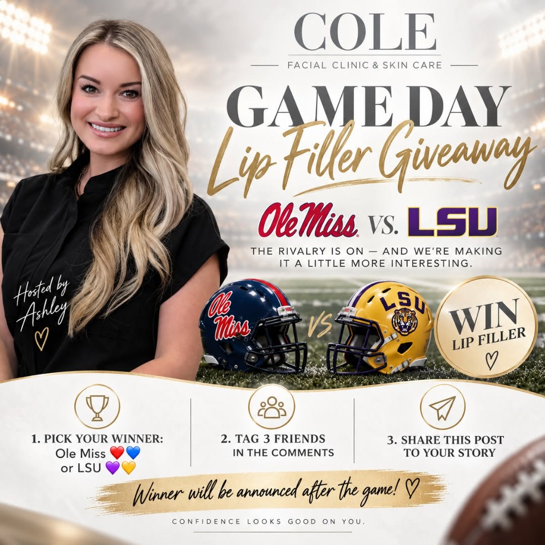 Instagram post by Dr. Jeptha N. Cole: Game day just got a little more interesting. 🏈💋 @ashley_atkinson_np is celebrating the Ole Miss vs. LSU rivalry with a Lip Filler Giveaway…