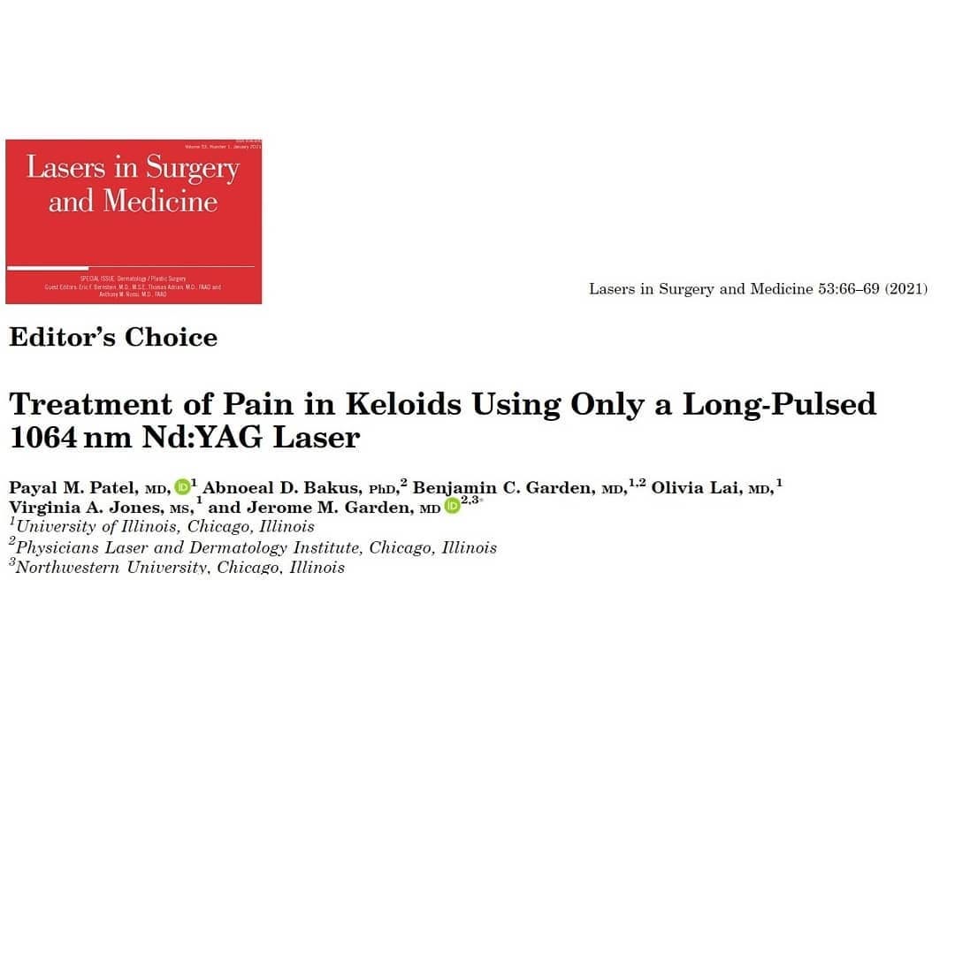 Instagram post by Dr. Jerome M. Garden: Congrats to our doctors on the recent publication of their study of laser treatment for keloid scars! It was published in the recent edition…