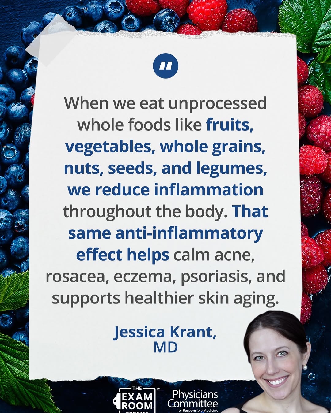 Instagram post by Dr. Jessica J. Krant: Can what’s on your plate change your skin? In a recent episode of The Exam Room Podcast, Dr. Jessica Krant explained how whole, unprocessed …