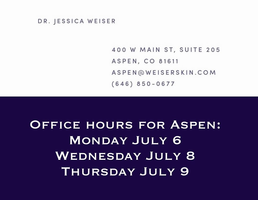 Instagram post by Dr. Jessica Weiser: @weiserskinwest hours for July! Come by for a mid summer @sofwavemedical treatment face and body, a microinfusion facial, some PRP treatment…