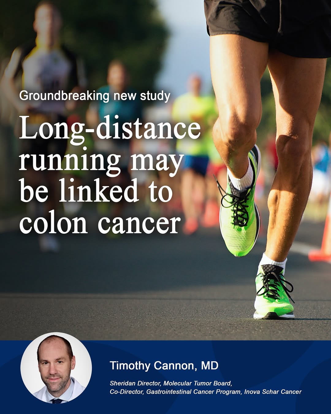 Instagram post by Dr. Jessica Wright: 🏃 New research raises questions about colon cancer risk in long-distance runners. An Inova Schar Cancer study, featured in the @nytimes, su…