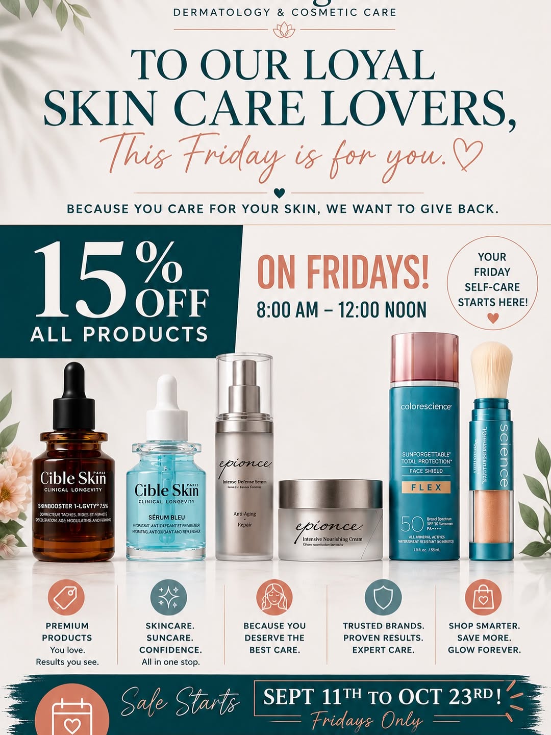 Instagram post by Dr. J.M. O'Donoghue: Fridays are fun days at O’Donoghue Dermatology! 8 am to 12 noon 15% off skin care products! Starting Sept 11th to Oct 23rd!!! Don’t miss our…
