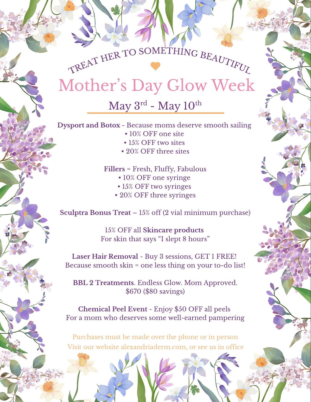 Instagram post by Dr. Joanne Simpson: Check out our Mother’s Day Glow Week specials! You can see the specials on our website alexandriaderm.com - make sure to call us at 703-212-…