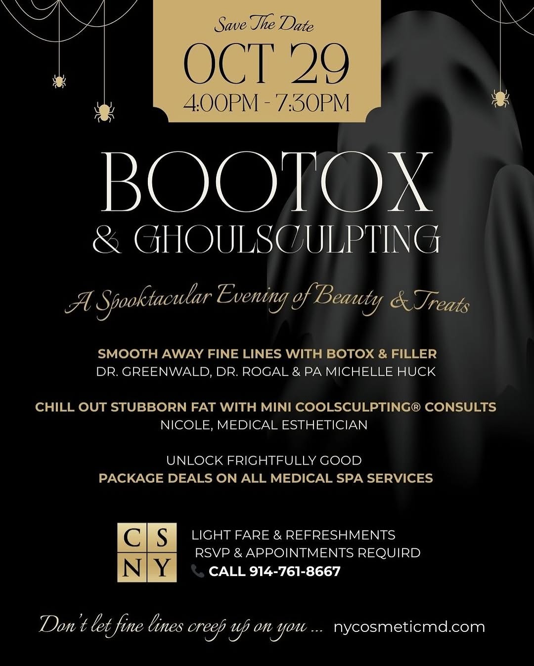 Instagram post by Dr. Joelle Rogal: 🎃 BOOOtox & GHOULsculpting Event 👻 Boo-tiful skin awaits! Join us Oct 28 for Botox, fillers, CoolSculpt consults & frightfully good one-ni…