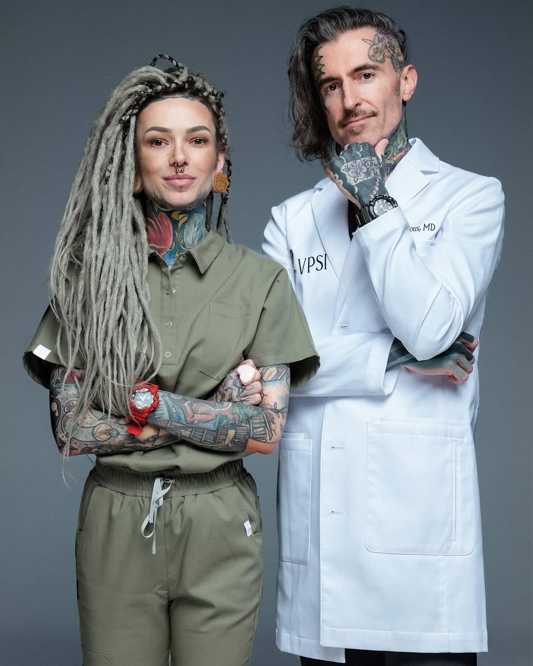 Instagram post by Dr. John Brosious: The future of healthcare is looking bright❤️💚🧡 . . . 📸 @freyalovephoto . . . #inkedup #tattedup #headtattoo #necktattoo #throattattoo #fa…