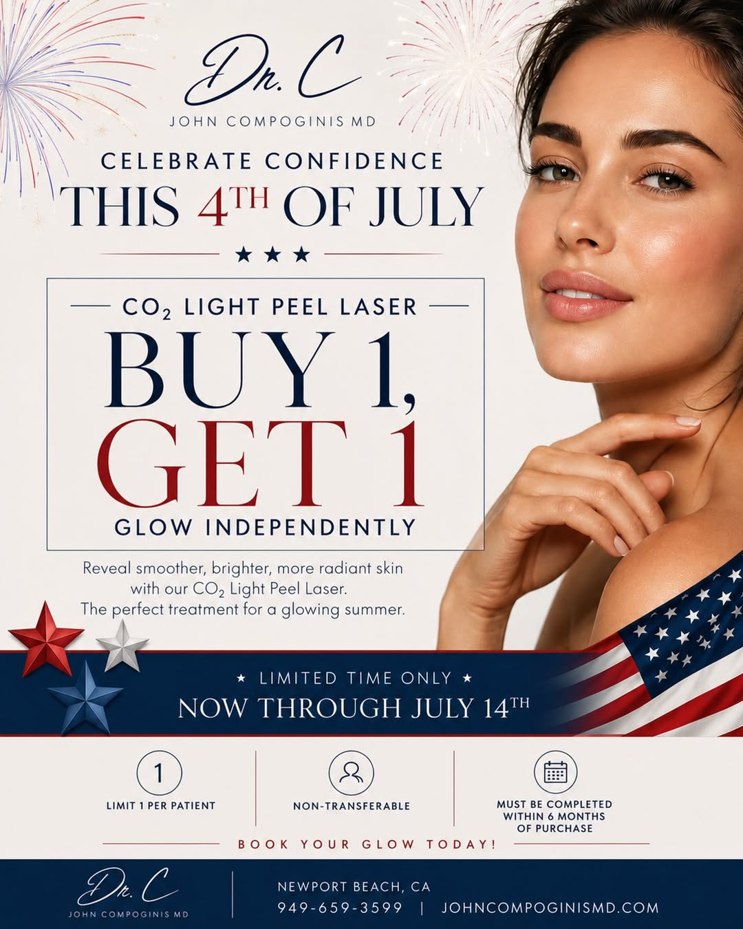 Instagram post by Dr. John Compoginis: ✨ Celebrate your glow this 4th of July! ✨ For a limited time, enjoy our Buy 1, Get 1 FREE CO₂ Light Peel Laser special and reveal smoother, …