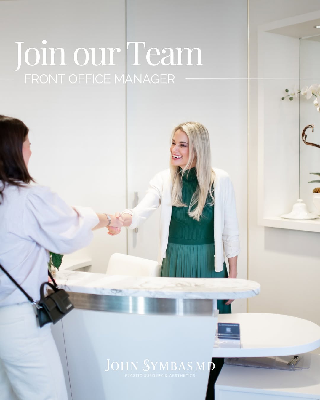 Instagram post by Dr. John D. Symbas: We’re hiring! ✨ We’re looking for a warm, personable, proactive and organized Front Office Manager to join our plastic surgery and aesthetic…