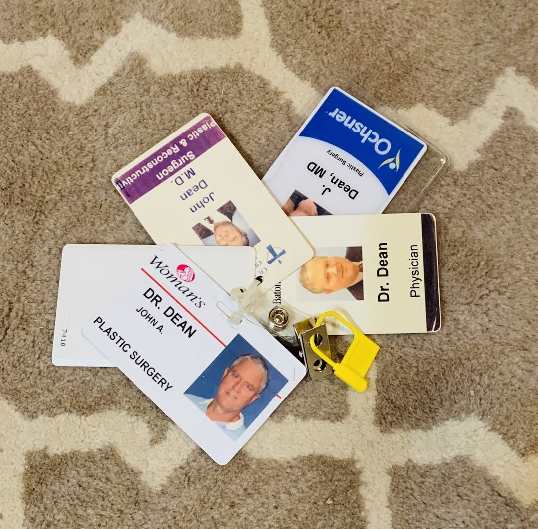 Instagram post by Dr. John Dean: These name badges are a point of pride for me. Each represents a different hospital who trusts me as part of their network of surgeons. It a…