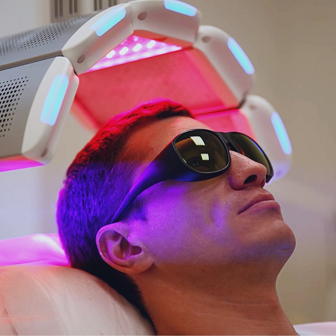 Instagram post by Dr. John E. Frank: Have you heard that light can help regrow hair? 🔴💡 Red Light Therapy (or Low-Level Laser Therapy) works at a cellular level to stimulate b…