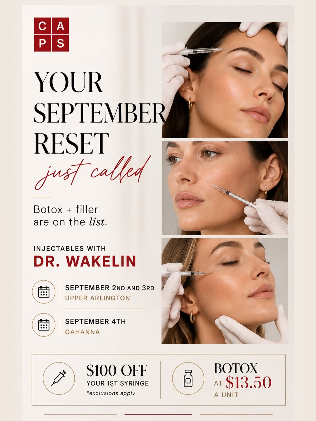 Instagram post by Dr. John K. Wakelin III: September is calling… and a little refresh might be in order. ✨ Join us for Botox + Facial Filler with Dr. Wakelin at Upper Arlington Septem…