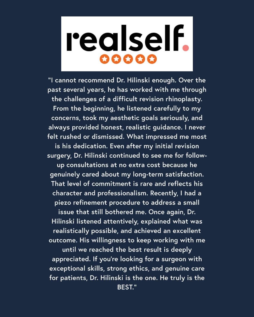 Instagram post by Dr. John M. Hilinski: Revision rhinoplasty is some of the most demanding work in facial plastic surgery. These patients have usually been through a prior operatio…