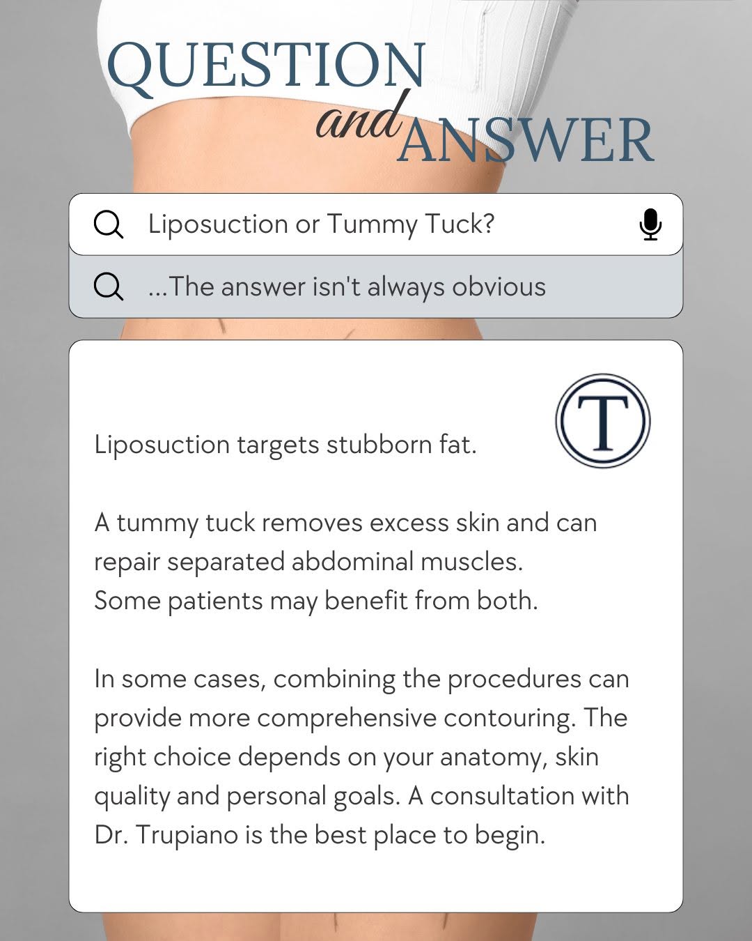 Instagram post by Dr. John M. Trupiano: Liposuction and a tummy tuck can both improve abdominal contours, but they address different concerns. Liposuction may be appropriate when t…
