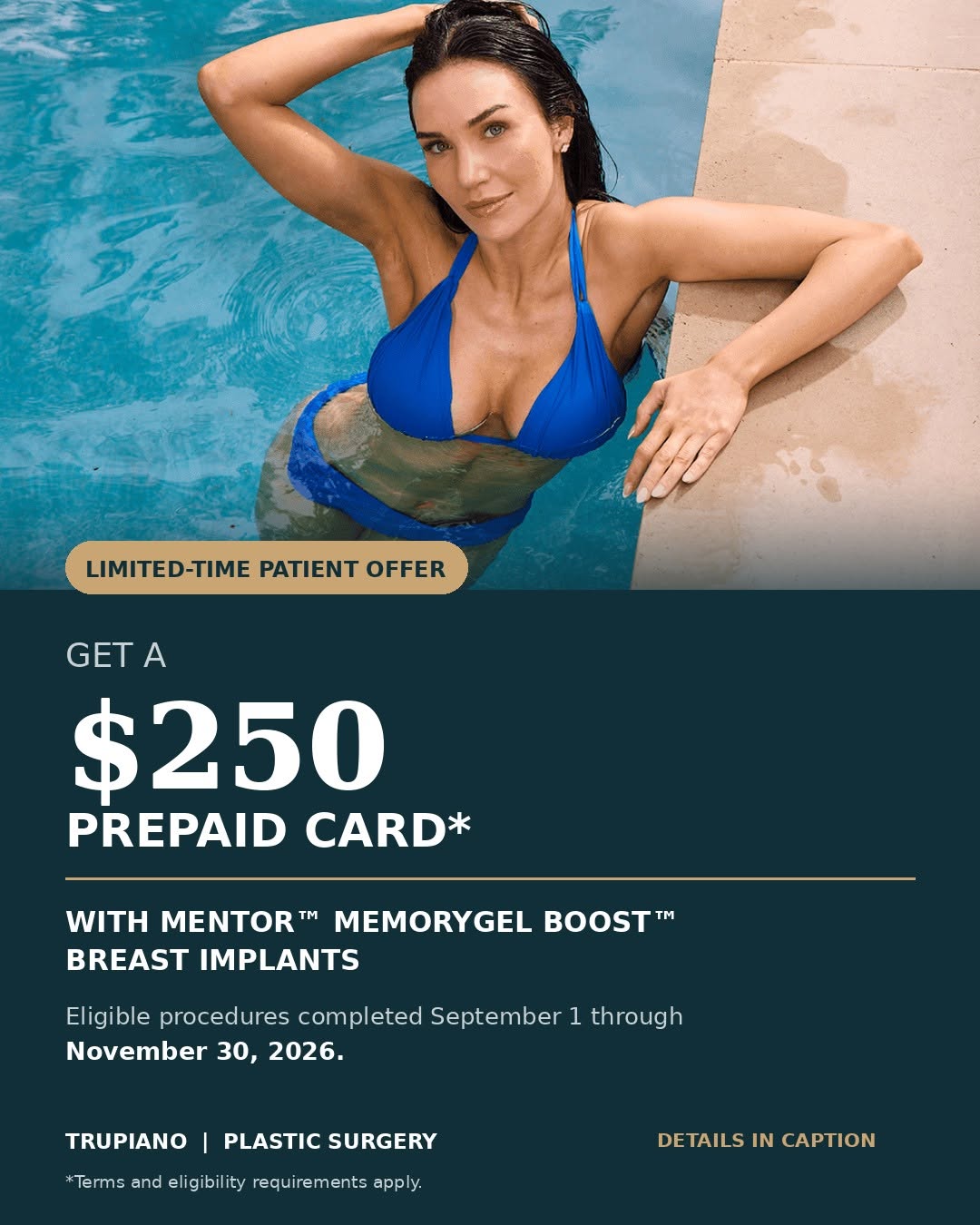 Instagram post by Dr. John M. Trupiano: Considering breast augmentation? For a limited time, eligible patients who choose MENTOR™ MemoryGel BOOST™ Breast Implants can receive a $25…