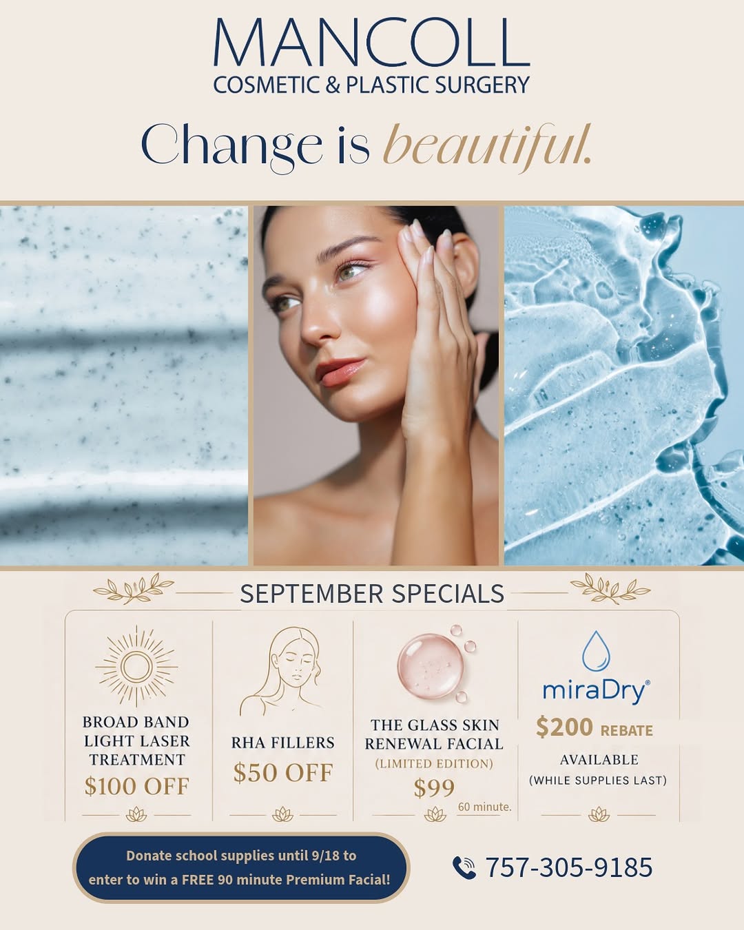 Instagram post by Dr. John Mancoll: ✨ September is all about glowing, refreshed skin! ✨ Check out our September Specials at Mancoll Cosmetic & Plastic Surgery: ☀️ Broad Band Li…