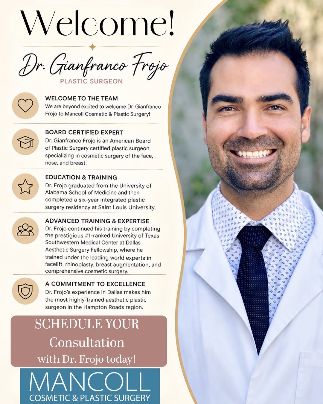 Instagram post by Dr. John Mancoll: We are beyond excited to welcome Dr. Gianfranco Frojo to the Mancoll Cosmetic & Plastic Surgery team! ⭐️ Dr. Frojo is a board-certified plas…