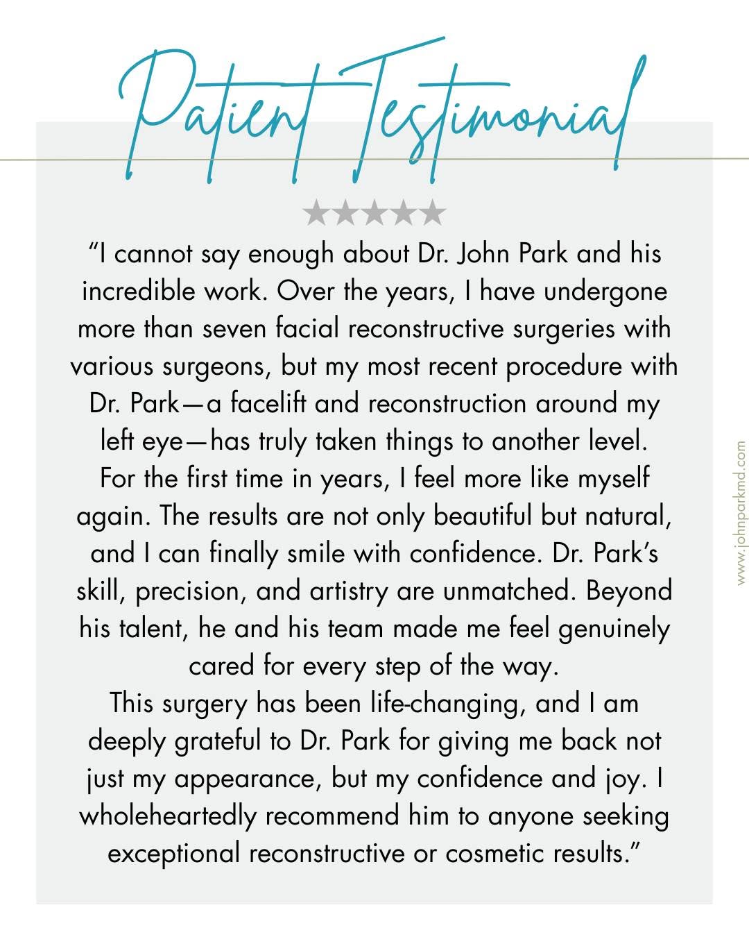 Instagram post by Dr. John Park: Hearing that we were able to help restore this patient's confidence and joy means the world to us. Dr. Park's expertise in oculoplastics and…