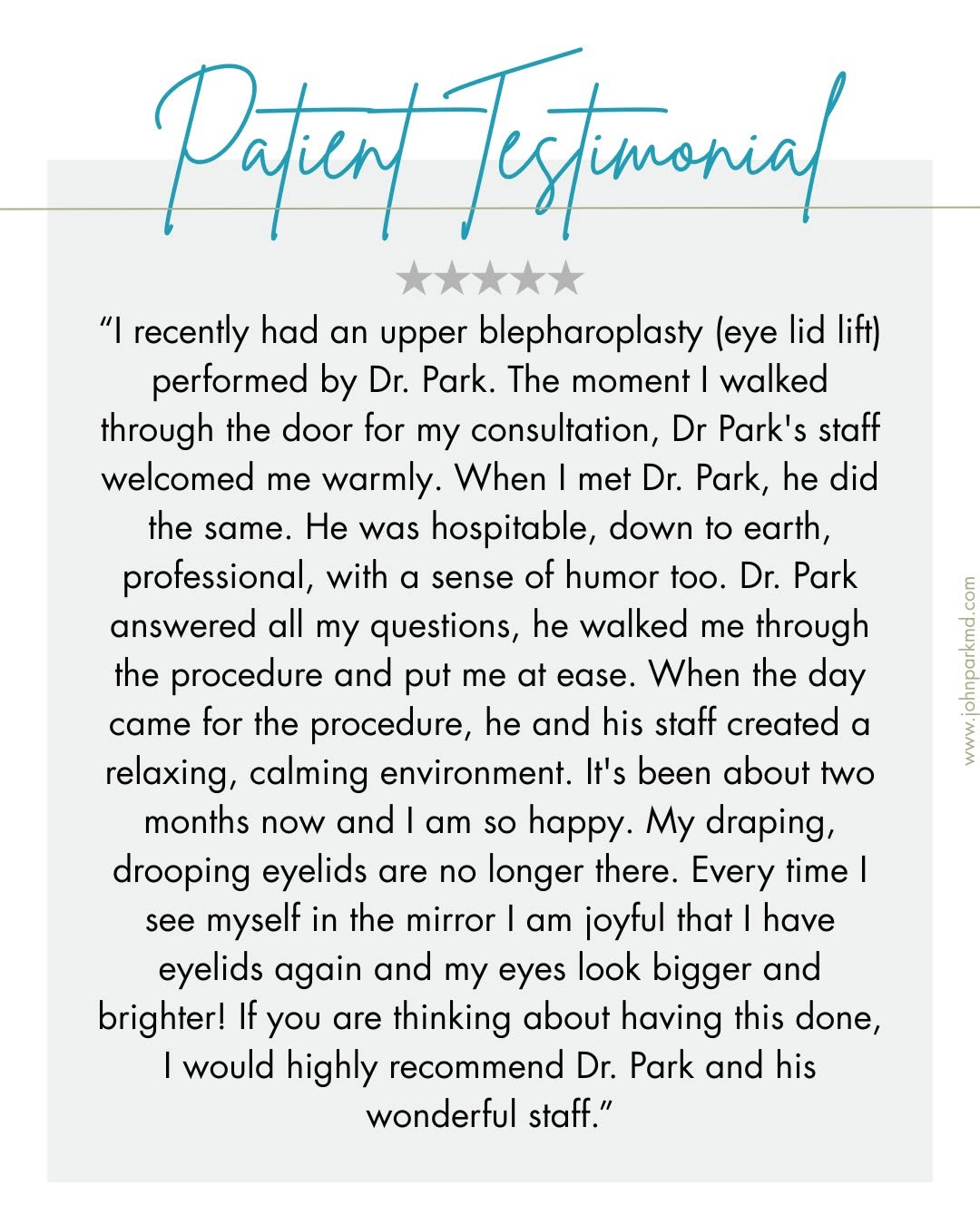 Instagram post by Dr. John Park: It brings us joy and motivation to hear this patient's experience with us. It is our priority to ensure our patients feel welcome and comfor…