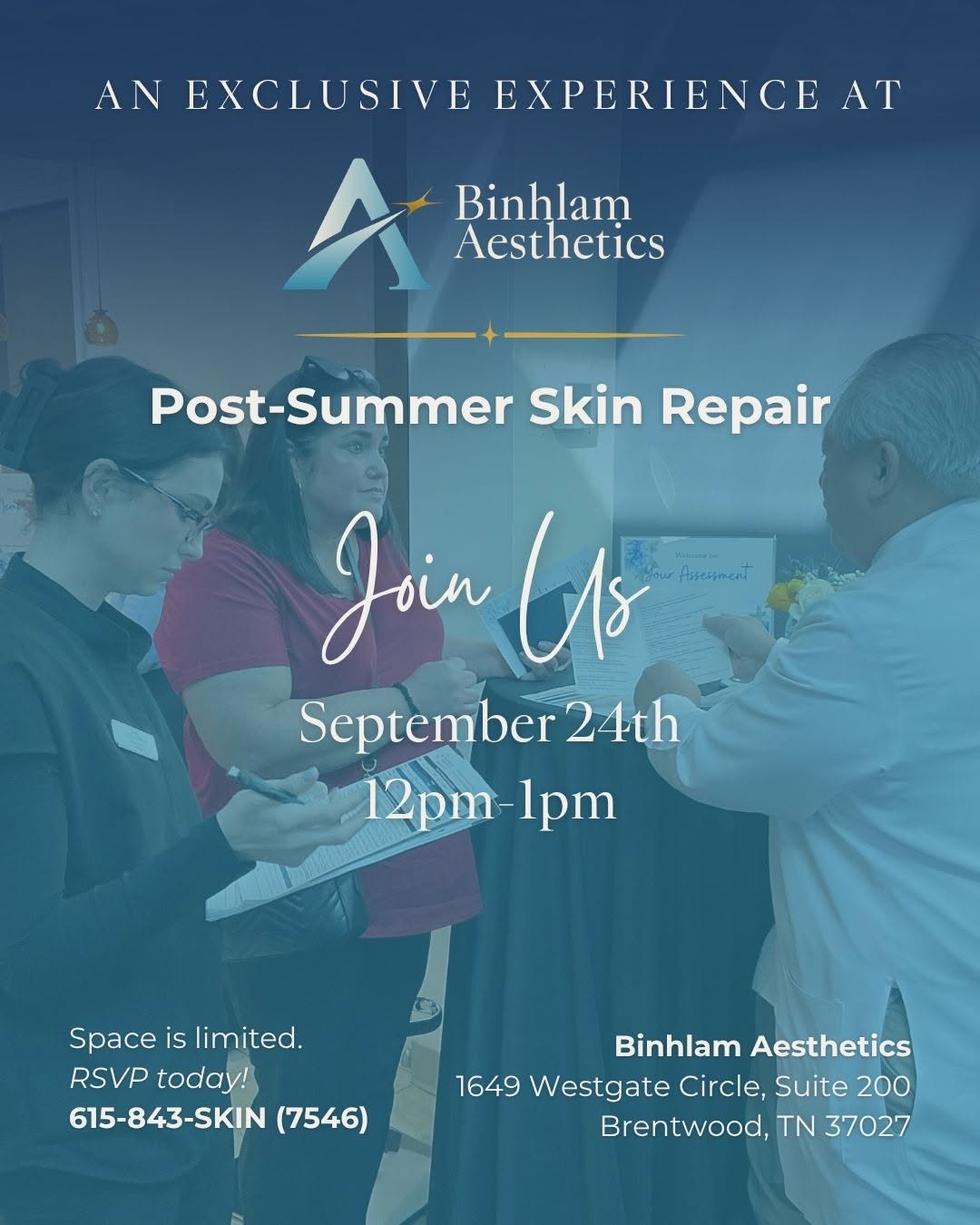 Instagram post by Dr. John Q. Binhlam: Your skin, our passion™ Consider this your invitation. ✨ Join us for Post-Summer Skin Repair, an exclusive one-hour experience designed to h…