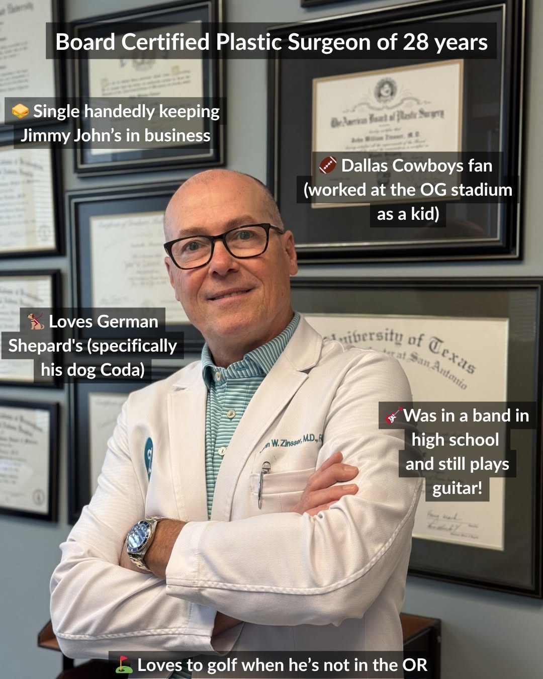 Instagram post by Dr. John W. Zinsser: Facts about Dr. Zinsser 😊 #aboutme #gettoknowme #plasticsurgeon #funfacts #richmondplasticsurgreon #boardcertifiedplasticsurgeon #plasticsu…