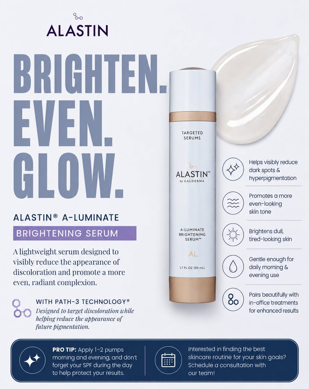 Instagram post by Dr. John W. Zinsser: ✨ Brighten. Even. Glow. Meet ALASTIN® A-LUMINATE Brightening Serum—your daily go-to for visibly reducing dark spots, uneven tone, and discol…