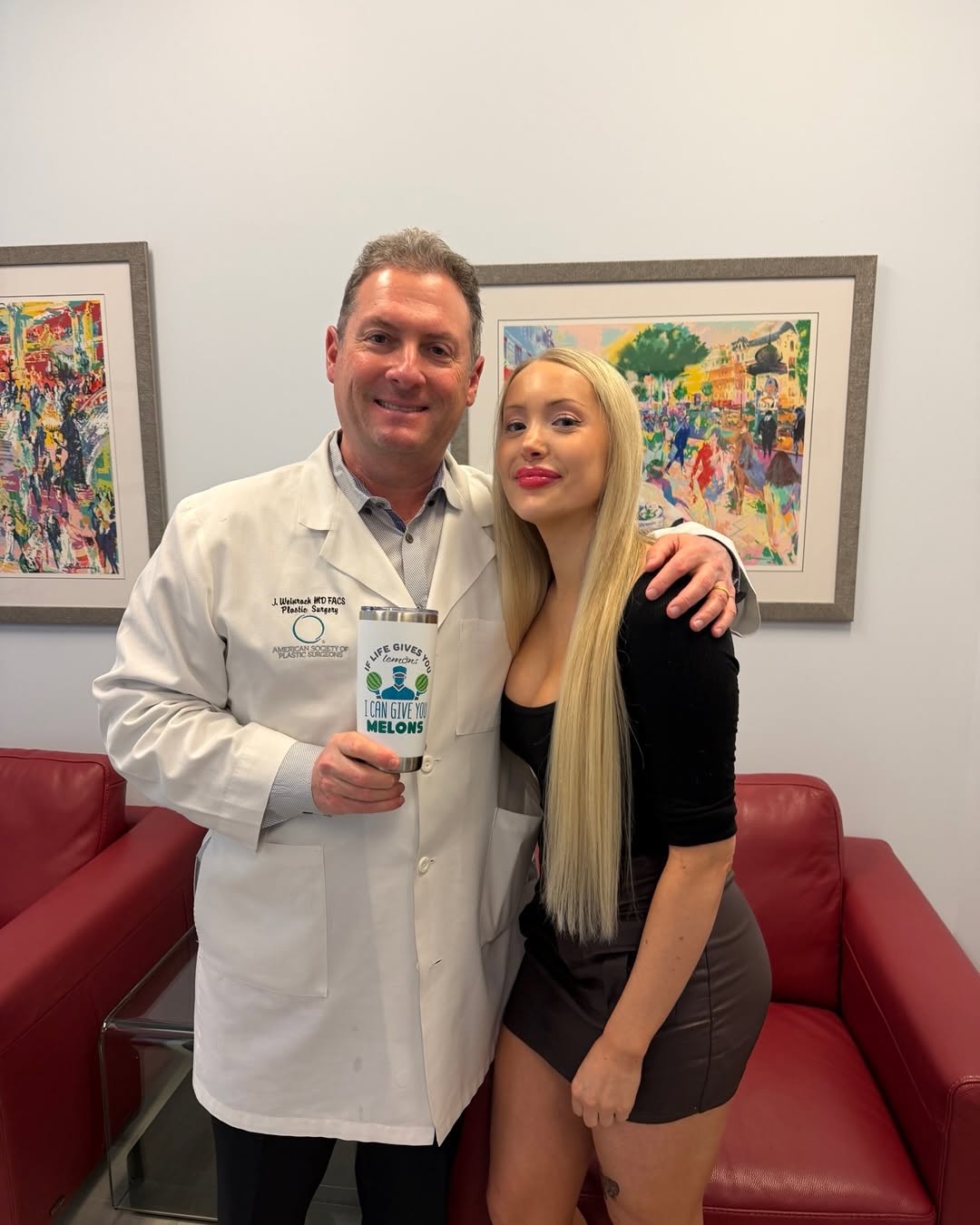 Instagram post by Dr. Jonathan C. Weinrach: Received a thoughtful gift from a lovely patient. Made us smile! #doubleboardcertified #makinglifebetter #weinrachplasticsurgery