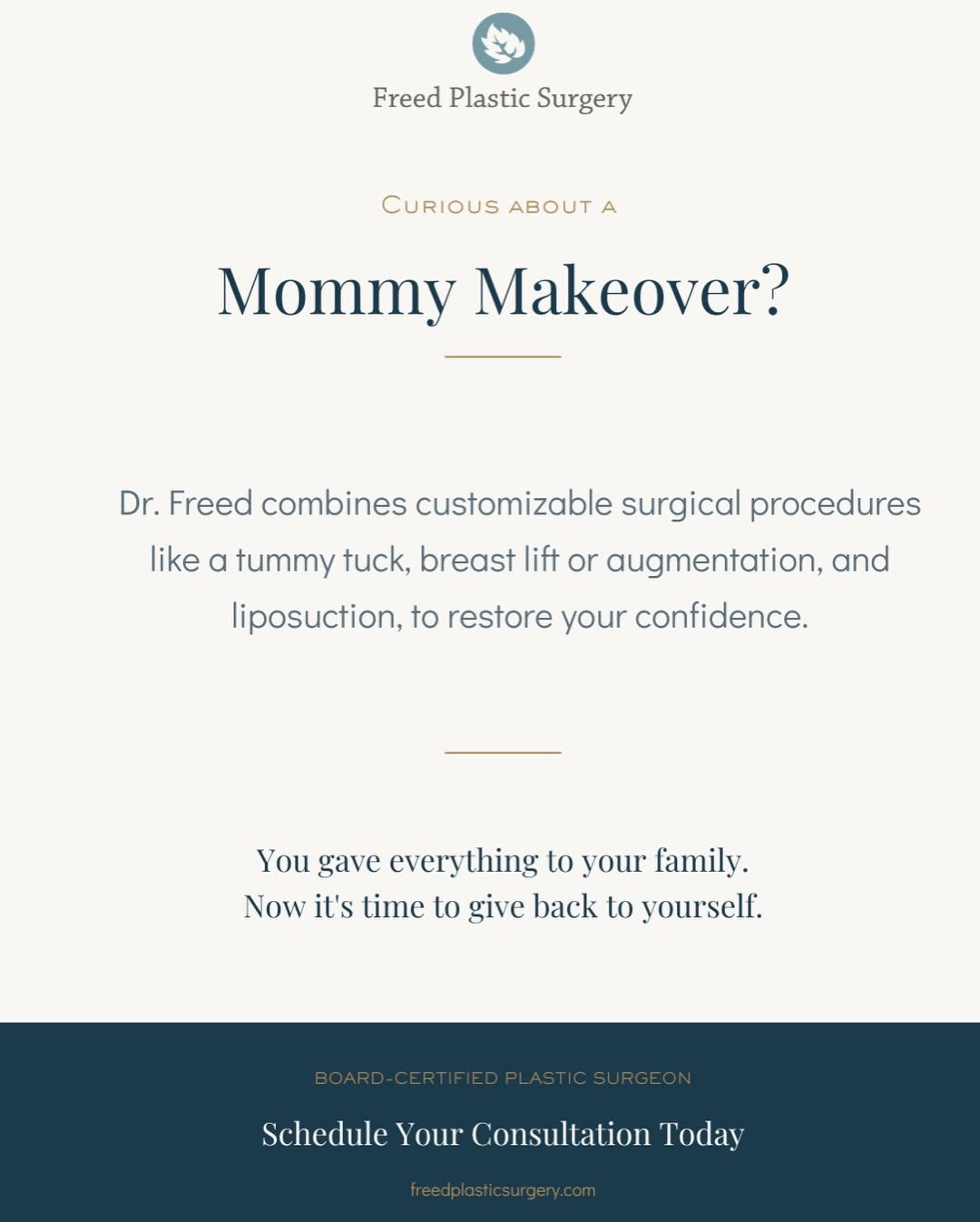 Instagram post by Dr. Jonathan R. Freed: A Mommy Makeover is designed to help restore your confidence with a personalized combination of procedures tailored to your goals. Whether i…