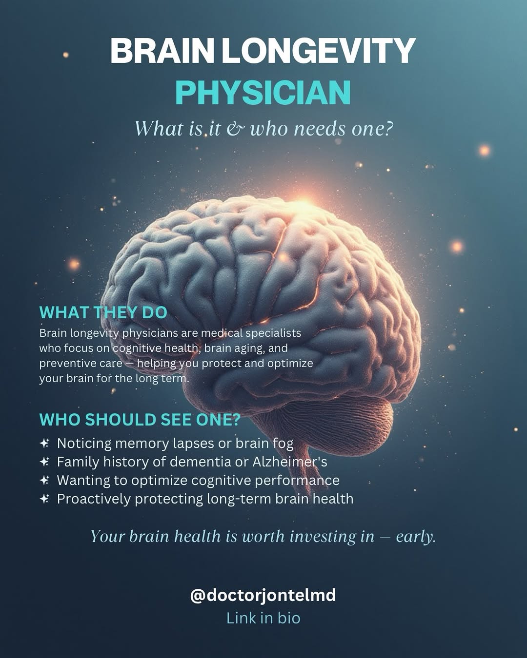 Instagram post by Dr. Jontel Pierce: What is a brain longevity physician and should you get one? #brain #brainhealth #longevity