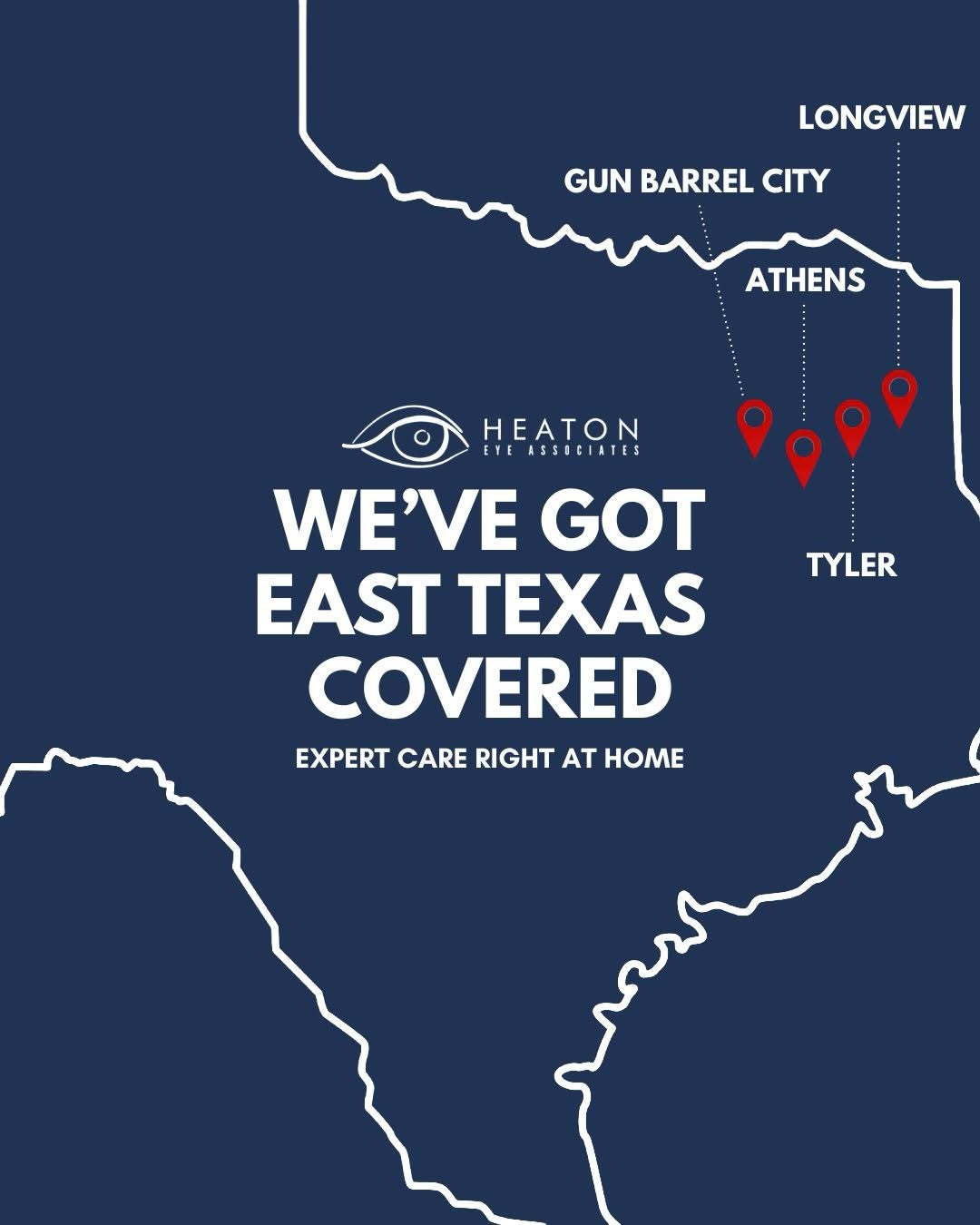 Instagram post by Dr. Jordan Spindle: East Texas, we’ve got you covered 👁️ From Tyler to Longview, Athens to Gun Barrel City—expert, award-winning eye care is closer than you th…