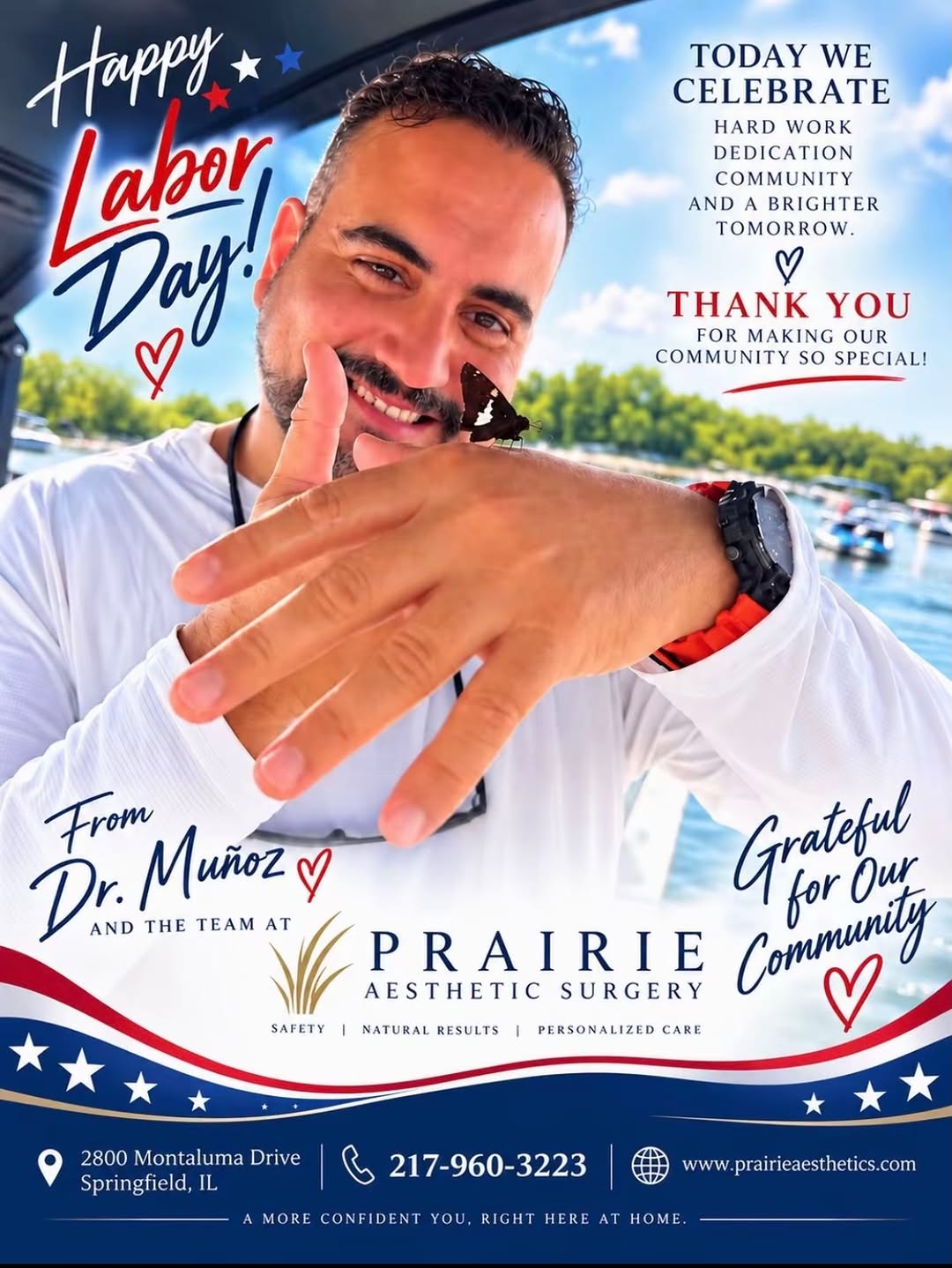 Instagram post by Dr. Jose A. Munoz: Happy Labor Day from all of us at Prairie Aesthetic Surgery! 🇺🇸 Today is about celebrating the hardworking people who make our communities…