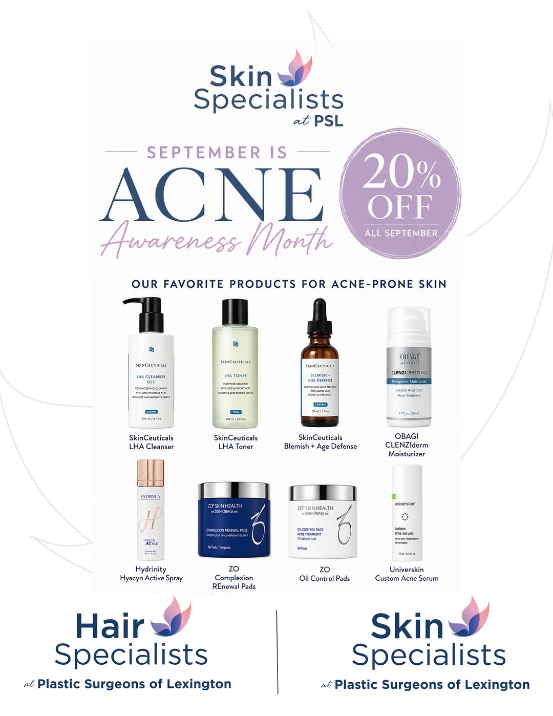 Instagram post by Dr. Joseph L. Hill Jr.: September is Acne Awareness Month ✨ All month long, save 20% on some of our favorite products for acne-prone skin at Skin Specialists at PSL…