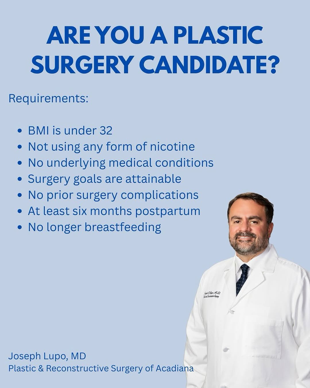 Instagram post by Dr. Joseph P. Lupo: Essential Insights for Informed Plastic Surgery Decisions! 📍Plastic & Reconstructive Surgery of Acadiana 900 E. St. Mary Blvd., Suite 104 L…