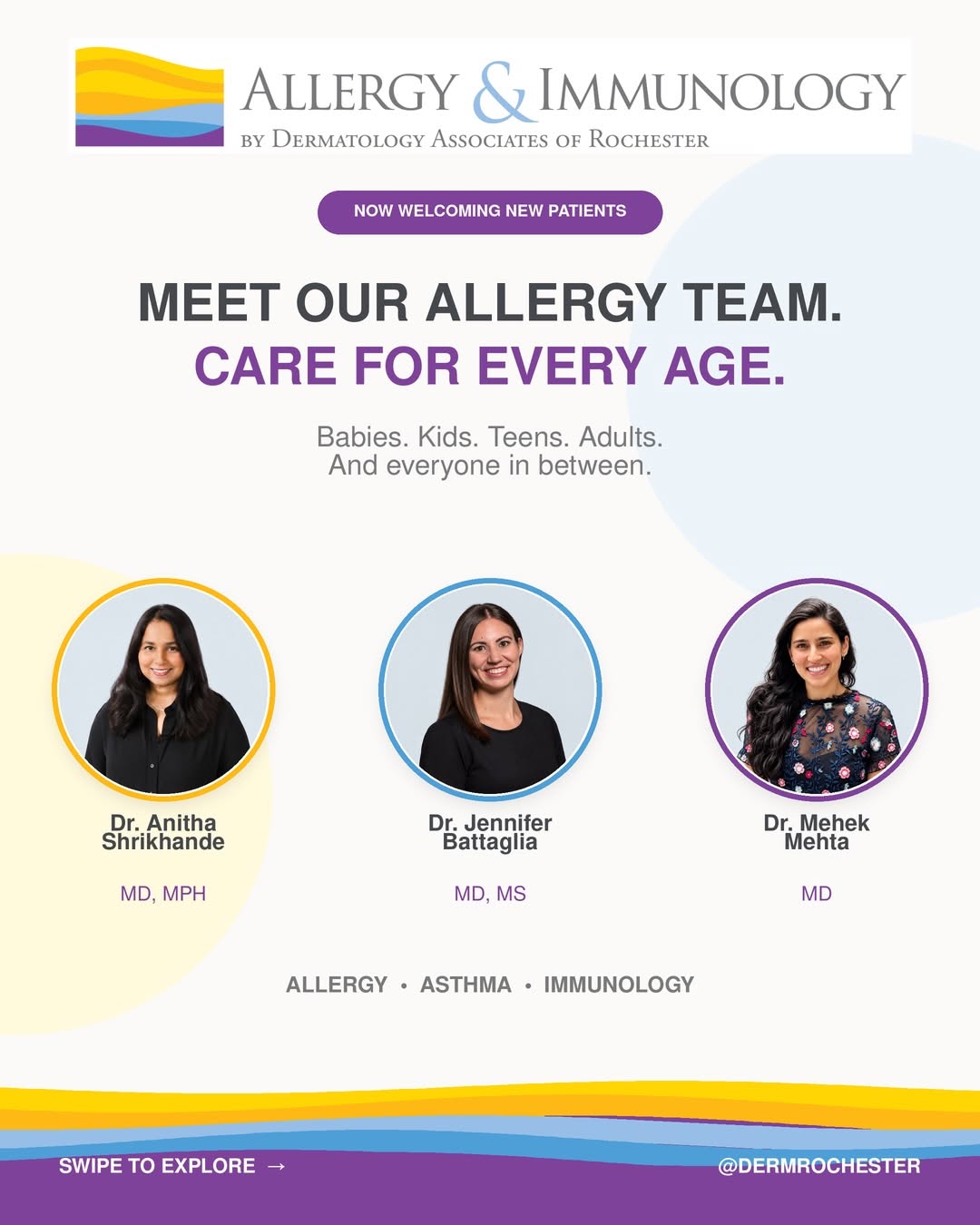 Instagram post by Dr. Joshua Weitz: Allergy care for every age is here at DAR! 💛💙💜 Please join us in welcoming our Allergy & Immunology physicians: 👩🏻‍⚕️ Dr. Anitha Shrikh…