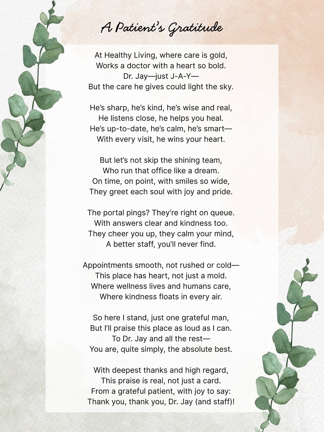 Instagram post by Dr. Joy Liu, DO: A Patient's Gratitude, written by one of our lovely patients here at Healthy Living Primary Care! A couple weeks ago we were graced with thi…