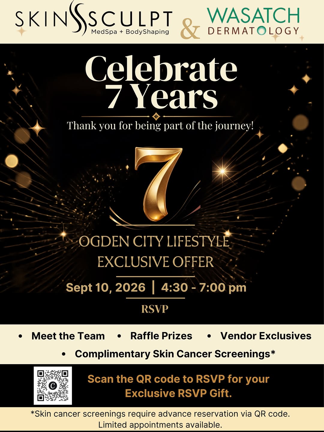 Instagram post by Dr. Julie A. Maughan: Seven years of SkinSculpt & Wasatch Dermatology! 🌟 Ogden City Lifestyle followers, you’re invited to celebrate with an exclusive evening fe…