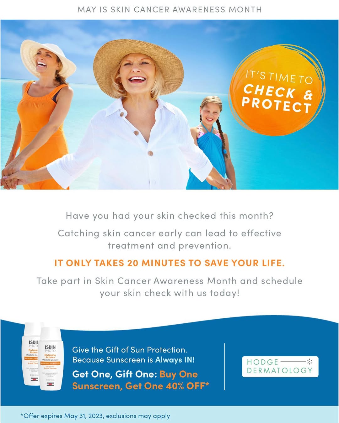 Instagram post by Dr. Julie Hodge: ⢠Skin Cancer Awareness Month ⢠We are doing a giveaway to bring skin cancer awareness! For a chance to win an Isdin Sunscreen like this posā¦