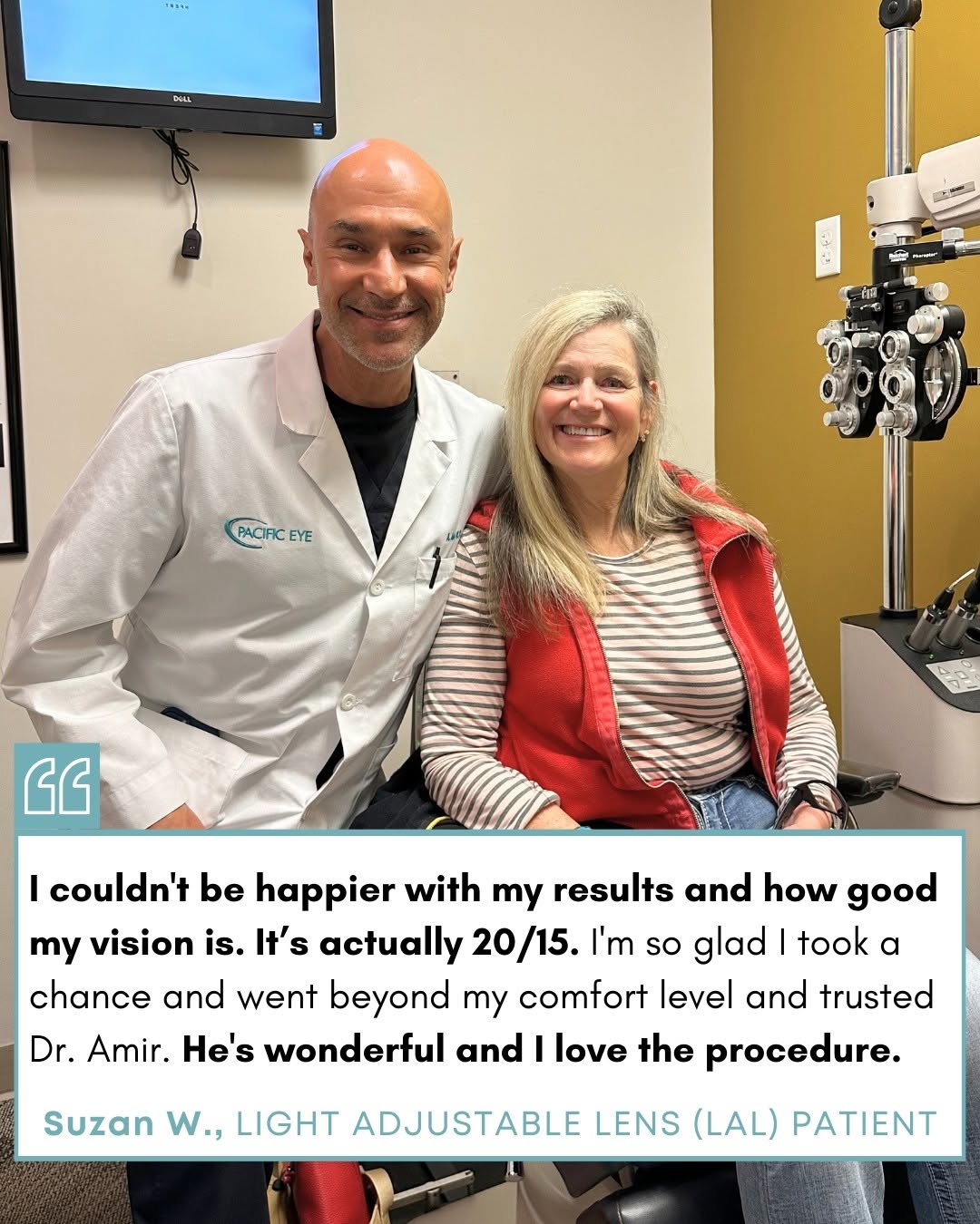 Instagram post by Dr. Justin Hellman: Suzan had cataracts that were making everyday life difficult. After researching her options, she found Dr. Ahmad Amir at Pacific Eye in San …