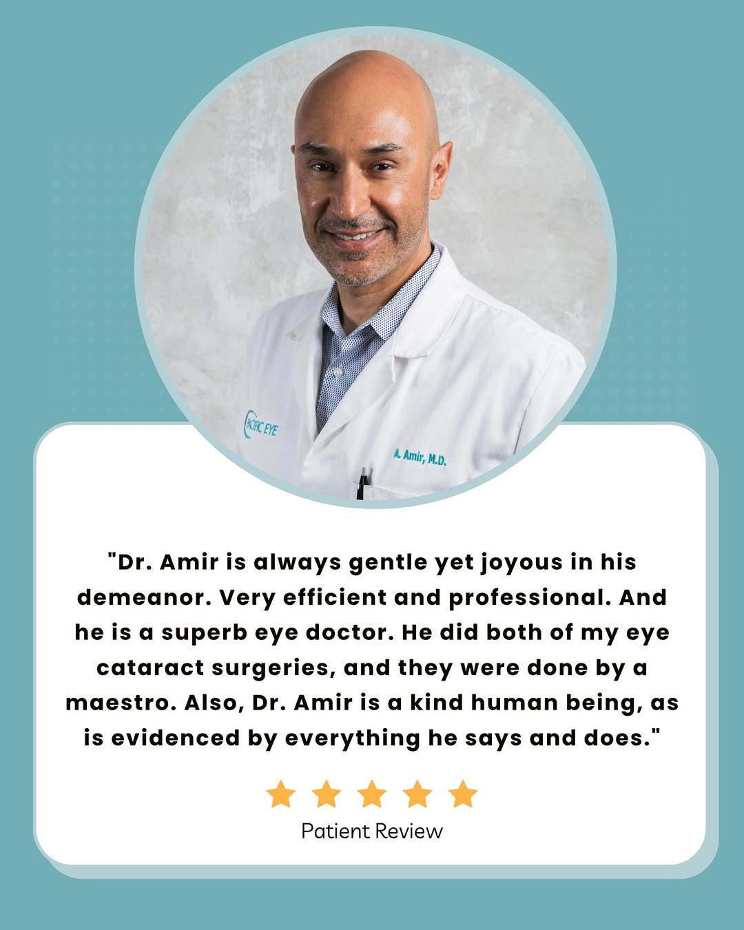 Instagram post by Dr. Justin Hellman: "Done by a maestro!" Hearing how transformed our patients feel after cataract surgery with Dr. Amir truly makes our day. Thank you for trust…