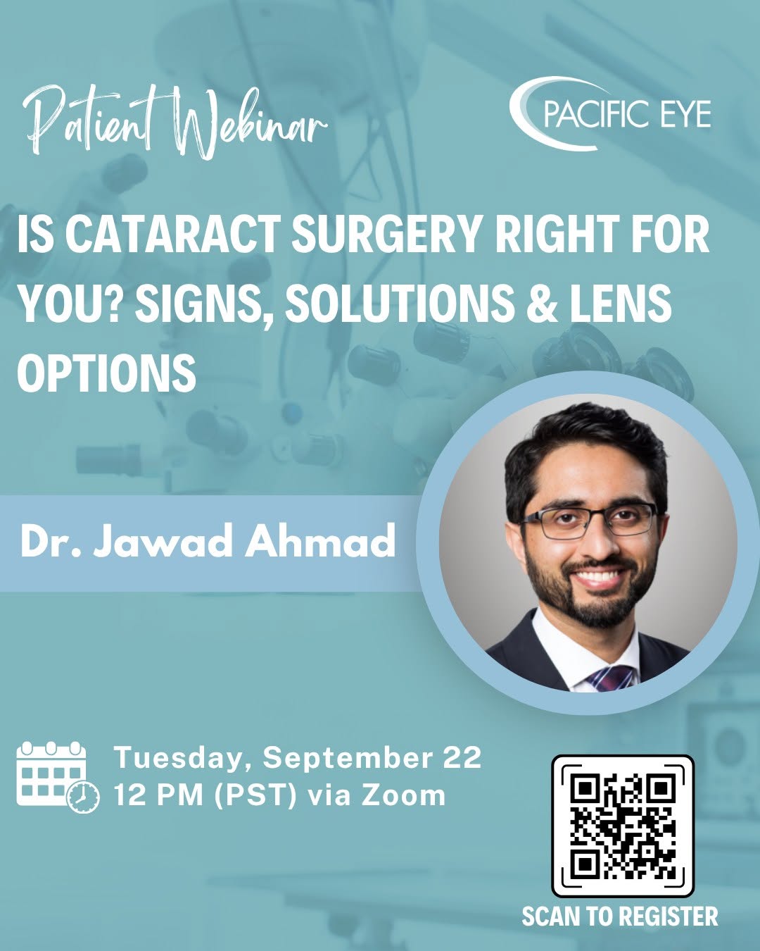 Instagram post by Dr. Justin Hellman: Our free cataract webinar with Dr. Jawad Ahmad is 4 days away! During this session, you’ll learn: • Signs of cataracts • When treatment may …