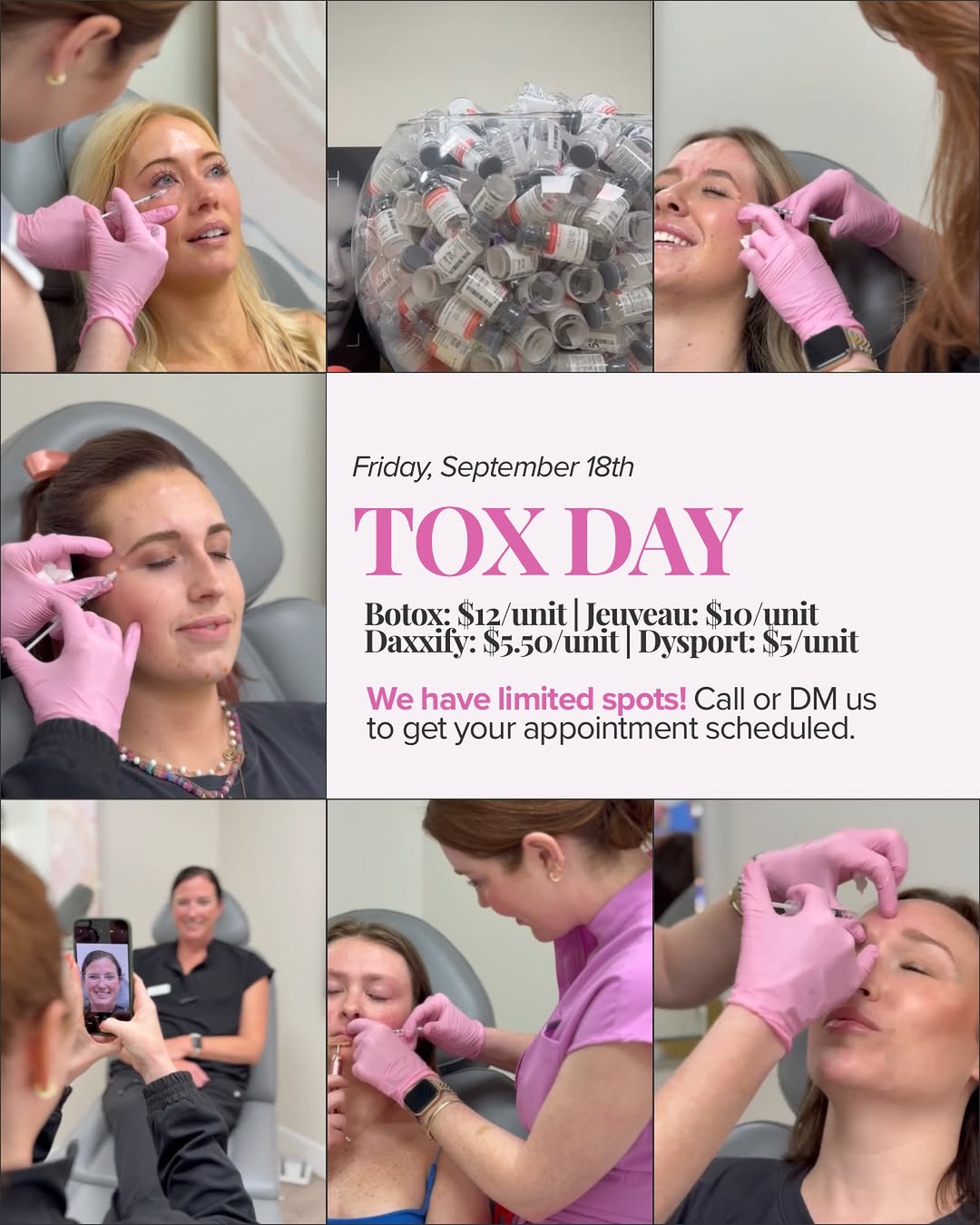 Instagram post by Dr. Kaitlyn Paine: Tox Day is almost here 💉✨ Join us Friday, September 18th for special pricing on your favorite tox: Botox — $12/unit Jeuveau — $10/unit Daxx…