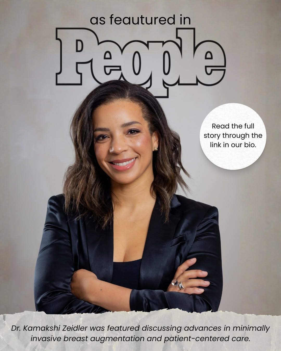 Instagram post by Dr. Kamakshi Zeidler: We're thrilled that our very own, @drzeidler was featured in @people magazine! 👏 🎉 Dr. Zeidler traveled to @motivaimplants headquarters in…
