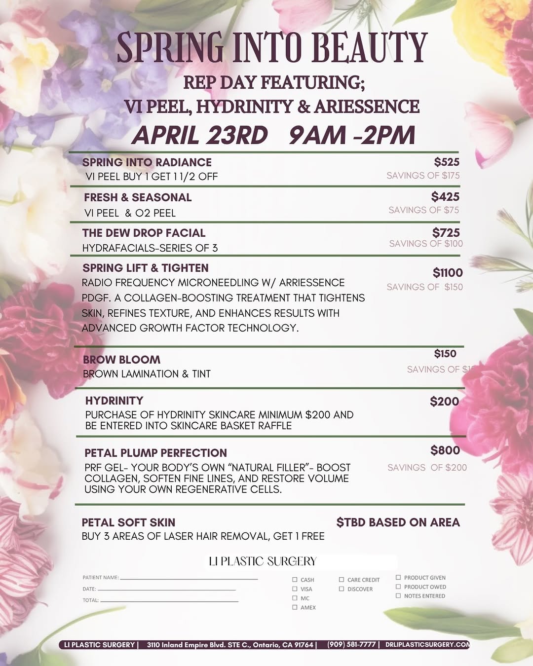 Instagram post by Dr. Kaming Li: 🌸 SPRING INTO BEAUTY 🌸 Join us for our exclusive Rep Day Event featuring VI Peel, Hydrinity & Arriessence ✨ 🗓 April 23rd ⏰ 9AM – 2PM Refr…
