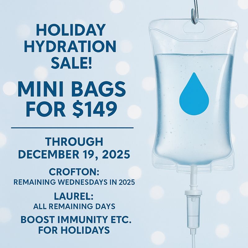 Instagram post by Dr. Karen Clarke-Bennett, DO: ✨ Holiday Hydration Sale! ✨ Now through December 19, 2025, get Mini IV Hydration Bags for just $149 💧 📍 Crofton: Every remaining Wednesday…