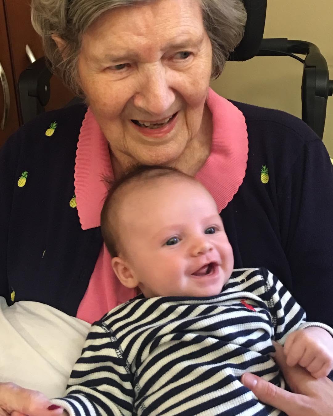 Instagram post by Dr. Karen L. Chapman: GreatGrandma and Gordon @ 95 yrs and 8 weeks - Thank God for the Continuity of Generations - 4 generations between these 2 very special peop…