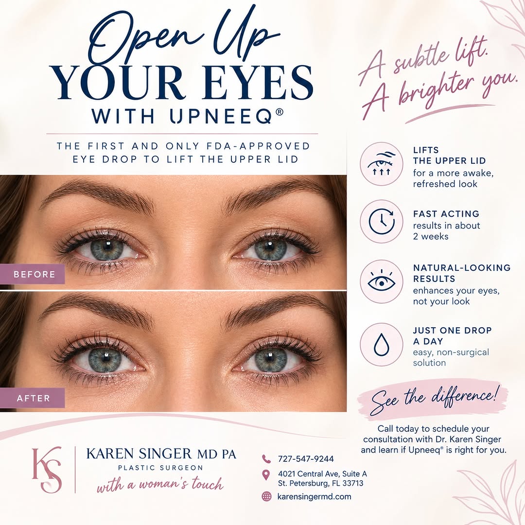 Instagram post by Dr. Karen Singer: ✨ **OPEN UP YOUR EYES!** ✨ Do your upper eyelids make your eyes look tired or less open than you’d like? **Upneeq®** is a prescription eye d…