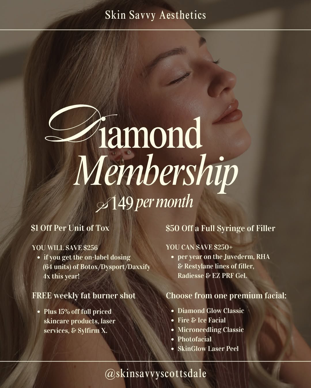 Instagram post by Dr. Karlee Heffner, N: The Diamond Membership was designed for patients who want to stay consistent, save more, and never fall behind on their skin ✨💛🌼 • $149/mo…