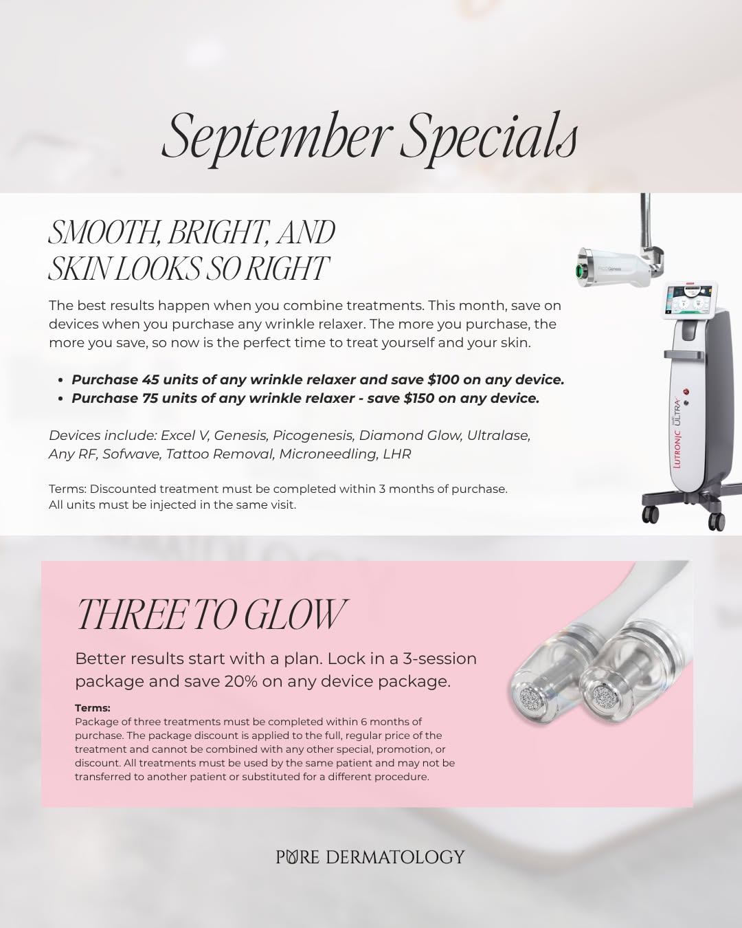 Instagram post by Dr. Kate Zibilich Holcomb: September is all about options. ✨ Whether you’re looking to smooth, brighten, tighten, resurface, or refresh, this month’s specials make it …