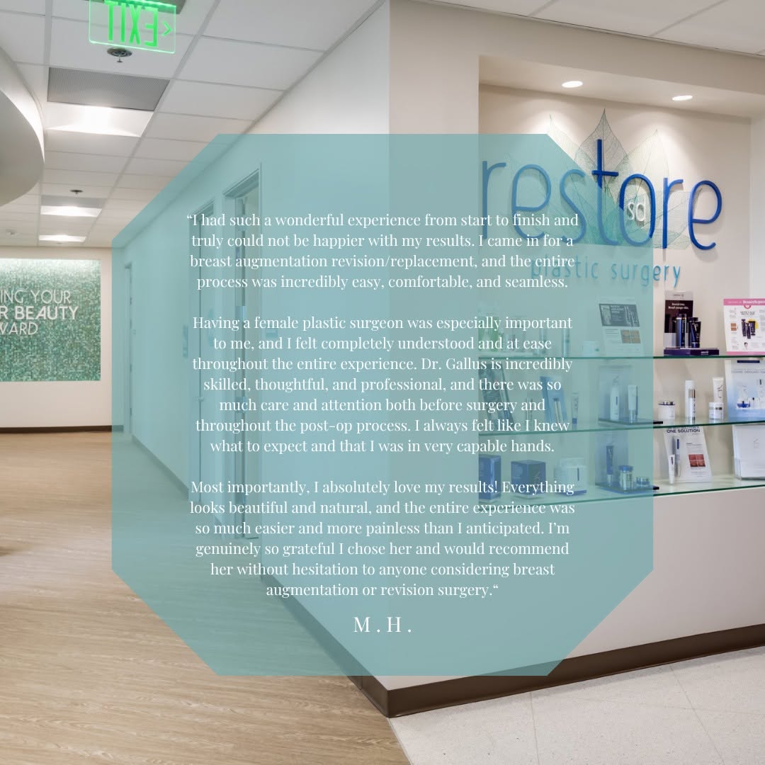 Instagram post by Dr. Katerina M. Gallus: Nothing means more to the team than knowing our patients feel confident, cared for, and truly love their results🤍 #restoresdplasticsurgery …