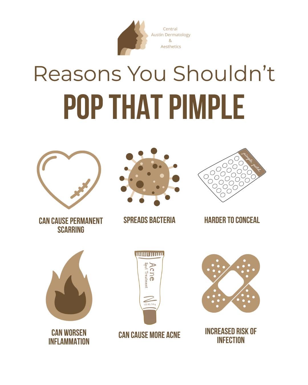 Instagram post by Dr. Katherine Farady: Hands off! 🙅♀️ Your skin will thank you later. 🤎 #NoPopZone #SkinHealth #CADAustin