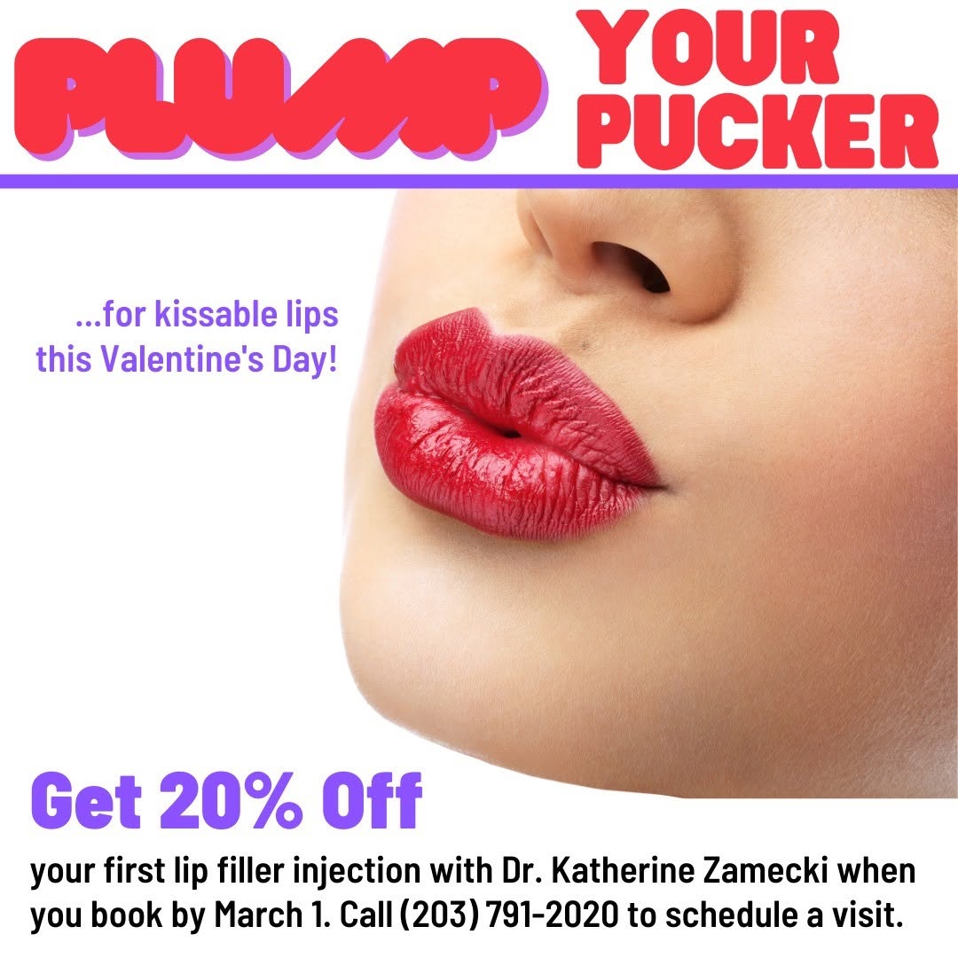 Instagram post by Dr. Katherine Zamecki: Time to get those lips ready for some Valentine's smooching! Get 20% off your first lip filler injection through March 1.