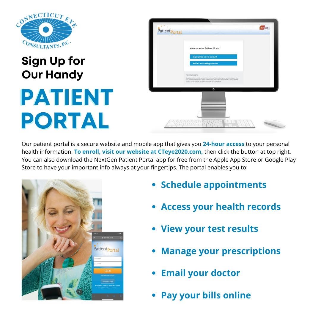 Instagram post by Dr. Katherine Zamecki: To enroll in our patient portal, please visit our website at CTeye2020.com.